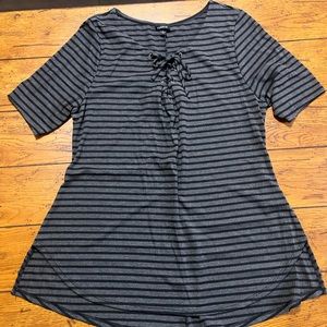Gray and Black Striped Top with Lace Up Detail